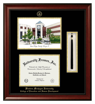 Western Michigan University College of Education and Human Development Double Opening with Campus Image & Tassel Box (Stacked) Frame in Avalon Mahogany with Black & Gold Mats for document: 8 1/2"h x 11"w  