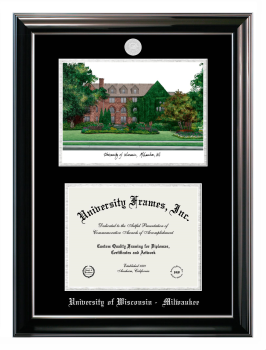 University of Wisconsin - Milwaukee Double Opening with Campus Image (Stacked) Frame in Classic Ebony with Silver Trim with Black & Silver Mats for document: 8 1/2"h x 11"w  