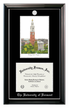 University of Vermont Double Opening with Campus Image (Stacked) Frame in Classic Ebony with Silver Trim with Black & Silver Mats for document: 8 1/2"h x 11"w  