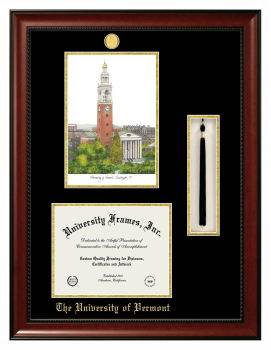 University of Vermont Double Opening with Campus Image & Tassel Box (Stacked) Frame in Avalon Mahogany with Black & Gold Mats for document: 8 1/2"h x 11"w  