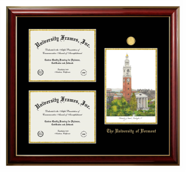 University of Vermont Triple Opening with Campus Image Frame in Classic Mahogany with Gold Trim with Black & Gold Mats for document: 8 1/2"h x 11"w  , document: 8 1/2"h x 11"w  