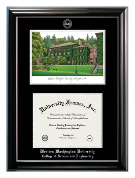 Western Washington University College of Science and Engineering Double Opening with Campus Image (Stacked) Frame in Classic Ebony with Silver Trim with Black & Silver Mats for document: 8 1/2"h x 11"w  