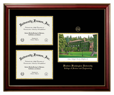 Western Washington University College of Science and Engineering Triple Opening with Campus Image Frame in Classic Mahogany with Gold Trim with Black & Gold Mats for document: 8 1/2"h x 11"w  , document: 8 1/2"h x 11"w  