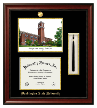 Washington State University Double Opening with Campus Image & Tassel Box (Stacked) Frame in Avalon Mahogany with Black & Gold Mats for document: 8 1/2"h x 11"w  