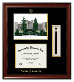 Xavier University Double Opening with Campus Image & Tassel Box (Stacked) Frame in Avalon Mahogany with Black & Gold Mats for document: 8 1/2"h x 11"w  