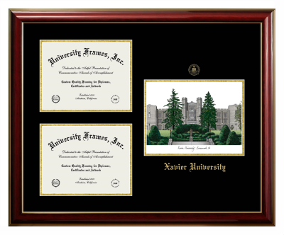 Xavier University Triple Opening with Campus Image Frame in Classic Mahogany with Gold Trim with Black & Gold Mats for document: 8 1/2"h x 11"w  , document: 8 1/2"h x 11"w  