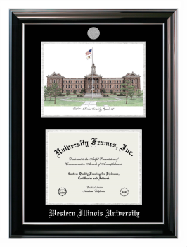 Western Illinois University Double Opening with Campus Image (Stacked) Frame in Classic Ebony with Silver Trim with Black & Silver Mats for document: 8 1/2"h x 11"w  