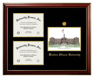 Western Illinois University Triple Opening with Campus Image Frame in Classic Mahogany with Gold Trim with Black & Gold Mats for document: 8 1/2"h x 11"w  , document: 8 1/2"h x 11"w  