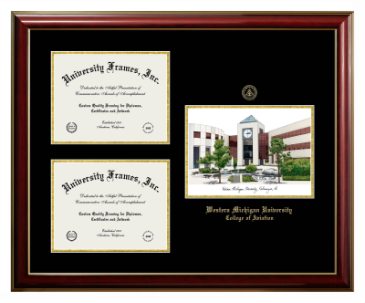 Western Michigan University College of Aviaton Triple Opening with Campus Image Frame in Classic Mahogany with Gold Trim with Black & Gold Mats for document: 8 1/2"h x 11"w  , document: 8 1/2"h x 11"w  