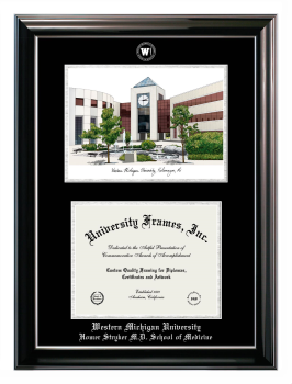Western Michigan University Homer Stryker M.D. School of Medicine Double Opening with Campus Image (Stacked) Frame in Classic Ebony with Silver Trim with Black & Silver Mats for document: 8 1/2"h x 11"w  