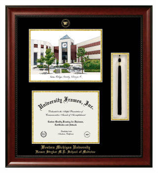 Western Michigan University Homer Stryker M.D. School of Medicine Double Opening with Campus Image & Tassel Box (Stacked) Frame in Avalon Mahogany with Black & Gold Mats for document: 8 1/2"h x 11"w  