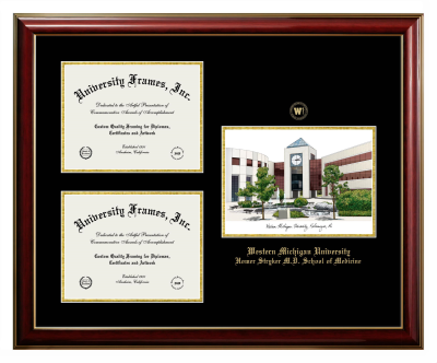 Western Michigan University Homer Stryker M.D. School of Medicine Triple Opening with Campus Image Frame in Classic Mahogany with Gold Trim with Black & Gold Mats for document: 8 1/2"h x 11"w  , document: 8 1/2"h x 11"w  