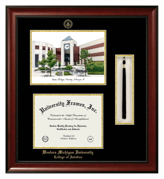 Western Michigan University College of Aviaton Double Opening with Campus Image & Tassel Box (Stacked) Frame in Avalon Mahogany with Black & Gold Mats for document: 8 1/2"h x 11"w  
