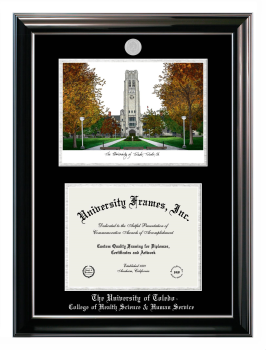 University of Toledo College of Health Science & Human Service Double Opening with Campus Image (Stacked) Frame in Classic Ebony with Silver Trim with Black & Silver Mats for document: 8 1/2"h x 11"w  