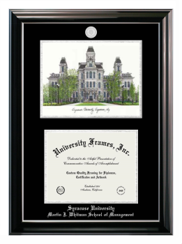 Syracuse University Martin J. Whitman School of Management Double Opening with Campus Image (Stacked) Frame in Classic Ebony with Silver Trim with Black & Silver Mats for document: 8 1/2"h x 11"w  