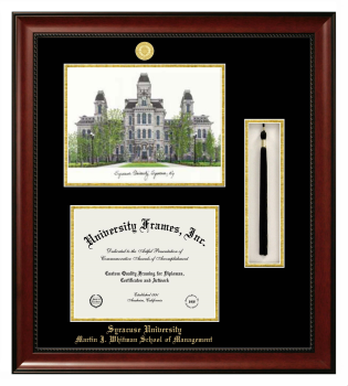 Syracuse University Martin J. Whitman School of Management Double Opening with Campus Image & Tassel Box (Stacked) Frame in Avalon Mahogany with Black & Gold Mats for document: 8 1/2"h x 11"w  