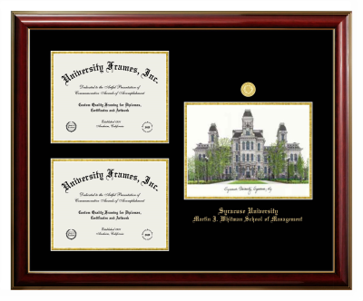 Syracuse University Martin J. Whitman School of Management Triple Opening with Campus Image Frame in Classic Mahogany with Gold Trim with Black & Gold Mats for document: 8 1/2"h x 11"w  , document: 8 1/2"h x 11"w  