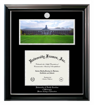 University of North Carolina at Wilmington Watson College of Education Double Opening with Campus Image (Stacked) Frame in Classic Ebony with Silver Trim with Black & Silver Mats for document: 8 1/2"h x 11"w  
