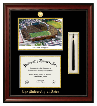 University of Iowa Double Opening with Campus Image & Tassel Box (Stacked) Frame in Avalon Mahogany with Black & Gold Mats for document: 8 1/2"h x 11"w  