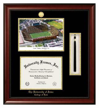University of Iowa College of Law Double Opening with Campus Image & Tassel Box (Stacked) Frame in Avalon Mahogany with Black & Gold Mats for document: 8 1/2"h x 11"w  