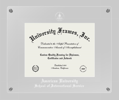 American University School of International Service Lucent Clear-over-Clear Frame in Lucent Clear Moulding with Lucent Clear Mat for document: 8 1/2"h x 11"w  