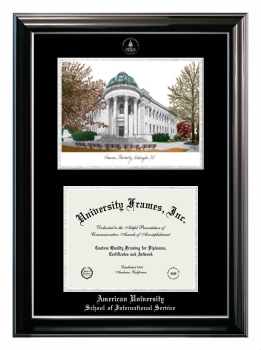 American University School of International Service Double Opening with Campus Image (Stacked) Frame in Classic Ebony with Silver Trim with Black & Silver Mats for document: 8 1/2"h x 11"w  