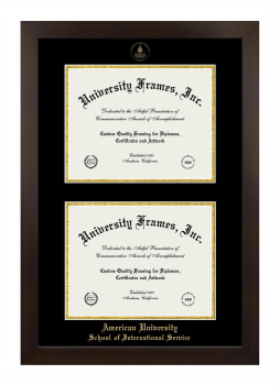 American University School of International Service Double Diploma Frame in Manhattan Espresso with Black & Gold Mats for document: 8 1/2"h x 11"w  , document: 8 1/2"h x 11"w  