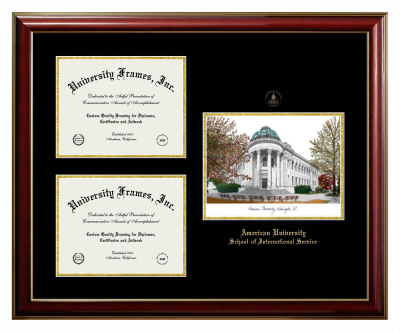 American University School of International Service Triple Opening with Campus Image Frame in Classic Mahogany with Gold Trim with Black & Gold Mats for document: 8 1/2"h x 11"w  , document: 8 1/2"h x 11"w  