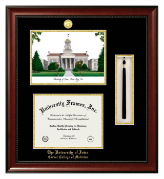 University of Iowa Carver College of Medicine Double Opening with Campus Image & Tassel Box (Stacked) Frame in Avalon Mahogany with Black & Gold Mats for document: 8 1/2"h x 11"w  