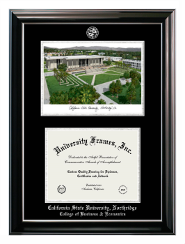 California State University, Northridge College of Business & Economics Double Opening with Campus Image (Stacked) Frame in Classic Ebony with Silver Trim with Black & Silver Mats for document: 8 1/2"h x 11"w  