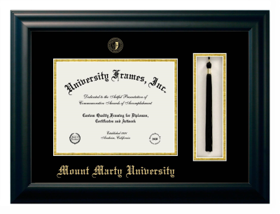 Mount Marty University Diploma with Tassel Box Frame in Satin Black with Black & Gold Mats for document: 8 1/2"h x 11"w  