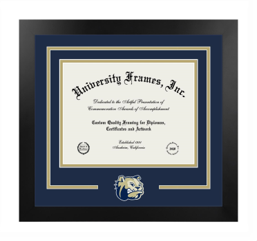 Wingate University Logo Mat Frame in Manhattan Black with Navy Blue & Tan Mats for document: 8 1/2"h x 11"w  