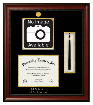 University of Southern California School of Architecture Double Opening with Campus Image & Tassel Box (Stacked) Frame in Avalon Mahogany with Black & Gold Mats for document: 8 1/2"h x 11"w  