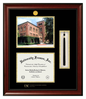 University of Southern California School of Theatre Double Opening with Campus Image & Tassel Box (Stacked) Frame in Avalon Mahogany with Black & Gold Mats for document: 8 1/2"h x 11"w  