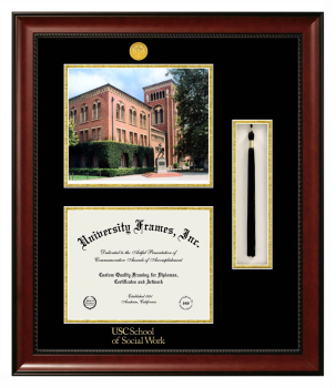 University of Southern California School of Social Work Double Opening with Campus Image & Tassel Box (Stacked) Frame in Avalon Mahogany with Black & Gold Mats for document: 8 1/2"h x 11"w  