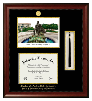 Stephen F. Austin State University James J. Perkins College of Education Double Opening with Campus Image & Tassel Box (Stacked) Frame in Avalon Mahogany with Black & Gold Mats for document: 8 1/2"h x 11"w  