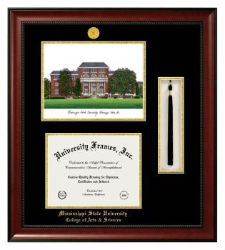 Mississippi State University College of Arts & Sciences Double Opening with Campus Image & Tassel Box (Stacked) Frame in Avalon Mahogany with Black & Gold Mats for document: 8 1/2"h x 11"w  