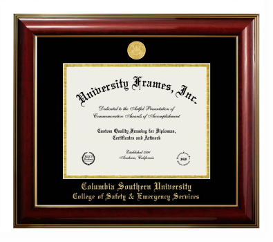 Columbia Southern University College of Safety & Emergency Services Diploma Frame in Classic Mahogany with Gold Trim with Black & Gold Mats for document: 8 1/2"h x 11"w  