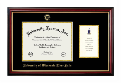 University of Wisconsin - River Falls Diploma with Announcement Frame in Petite Mahogany with Gold Trim with Black & Gold Mats for document: 8 1/2"h x 11"w  , diploma: 7"h x 4"w  