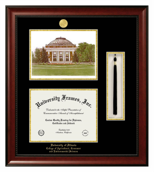 University of Illinois College of Agricultural, Consumer and Environmental Sciences Double Opening with Campus Image & Tassel Box (Stacked) Frame in Avalon Mahogany with Black & Gold Mats for document: 8 1/2"h x 11"w  