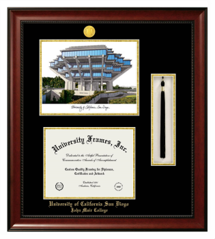University of California San Diego John Muir College Double Opening with Campus Image & Tassel Box (Stacked) Frame in Avalon Mahogany with Black & Gold Mats for document: 8 1/2"h x 11"w  