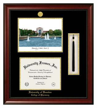 University of Houston College of Pharmacy Double Opening with Campus Image & Tassel Box (Stacked) Frame in Avalon Mahogany with Black & Gold Mats for document: 8 1/2"h x 11"w  