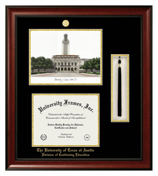 University of Texas at Austin Division of Continuing Education Double Opening with Campus Image & Tassel Box (Stacked) Frame in Avalon Mahogany with Black & Gold Mats for document: 8 1/2"h x 11"w  