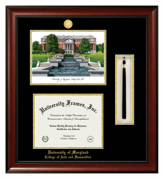 University of Maryland College of Arts and Humanities Double Opening with Campus Image & Tassel Box (Stacked) Frame in Avalon Mahogany with Black & Gold Mats for document: 8 1/2"h x 11"w  