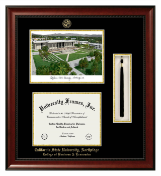 California State University, Northridge College of Business & Economics Double Opening with Campus Image & Tassel Box (Stacked) Frame in Avalon Mahogany with Black & Gold Mats for document: 8 1/2"h x 11"w  
