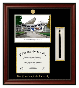 San Francisco State University Double Opening with Campus Image & Tassel Box (Stacked) Frame in Avalon Mahogany with Black & Gold Mats for document: 8 1/2"h x 11"w  