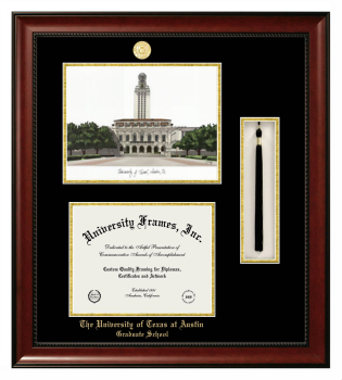 University of Texas at Austin Graduate School Double Opening with Campus Image & Tassel Box (Stacked) Frame in Avalon Mahogany with Black & Gold Mats for document: 8 1/2"h x 11"w  