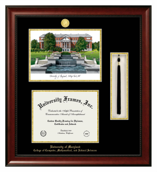 University of Maryland College of Computer, Mathematical, and Natural Sciences Double Opening with Campus Image & Tassel Box (Stacked) Frame in Avalon Mahogany with Black & Gold Mats for document: 8 1/2"h x 11"w  
