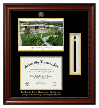 California State University, Northridge College of Engineering and Computer Science Double Opening with Campus Image & Tassel Box (Stacked) Frame in Avalon Mahogany with Black & Gold Mats for document: 8 1/2"h x 11"w  