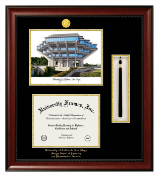 University of California San Diego Skaggs School of Pharmacy and Pharmaceutical Sciences Double Opening with Campus Image & Tassel Box (Stacked) Frame in Avalon Mahogany with Black & Gold Mats for document: 8 1/2"h x 11"w  